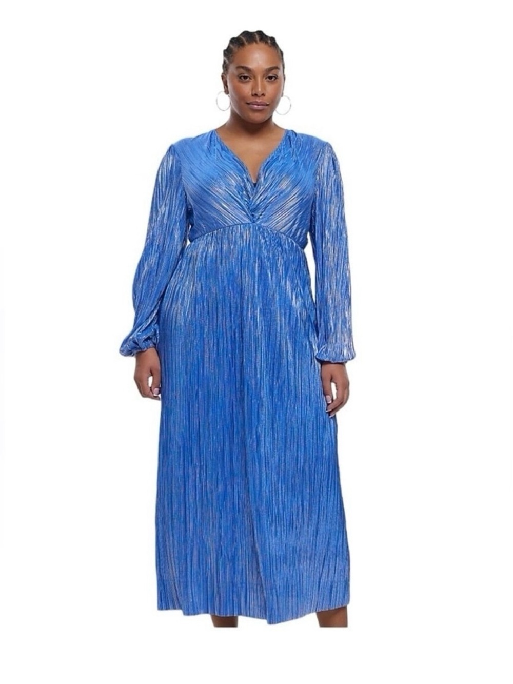 River Island Plus-Size Blue Metallic V-Neck Long Sleeve Midi Dress